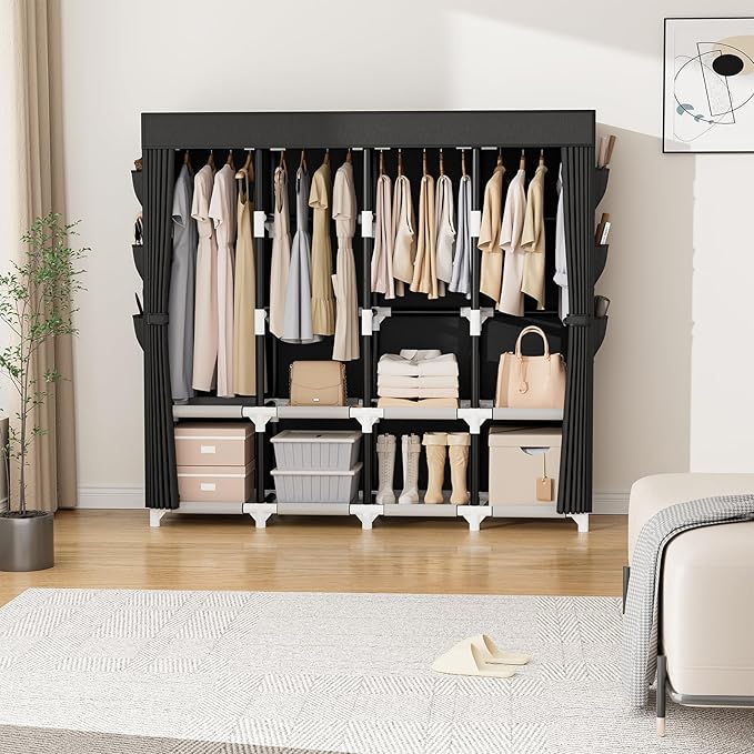 VTRIN Wardrobe Closet, 25mm Steel Tube Sturdy Portable Closet for Hanging Clothes, 67.3 Inch Portable Closet Wardrobe with Cover, 4 Hanging Rods, 8 Shelves, Free Standing Clothes Rack for Bedroom