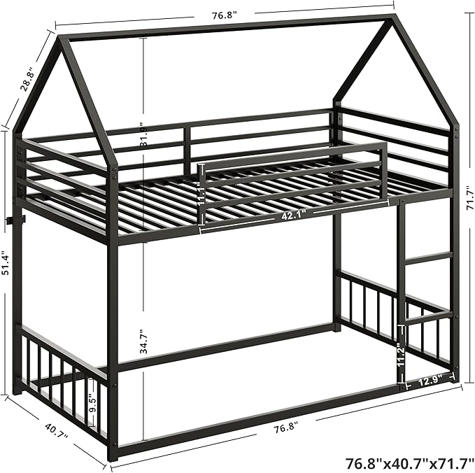 LIKIMIO Bunk Bed Twin Over Twin, House Bunk Bed Frame with Ladder and Guardrail, House Shaped with Metal Slats for Dormitory and Bedroom, Space Saving, No Box Spring Needed, Black