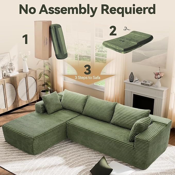 Modern Cloud Modular Sectional Sofa with Chaise, 106" L-Shaped Sofa Couch for Living Room, Deep Seat Plush Boneless Couches, Includes Pillows, Right Chaise, Green