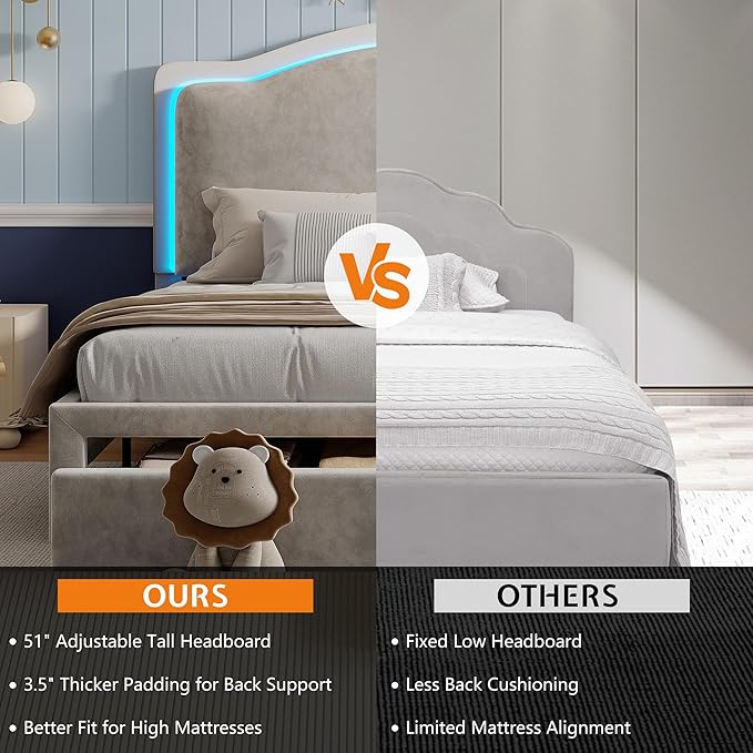 Jocisland Twin Bed Frame with 51" Tall & Thick Adjustable Headboard, Storage Drawer, RGB LED Lights, No Box Spring Needed, Velvet Upholstered, Grey