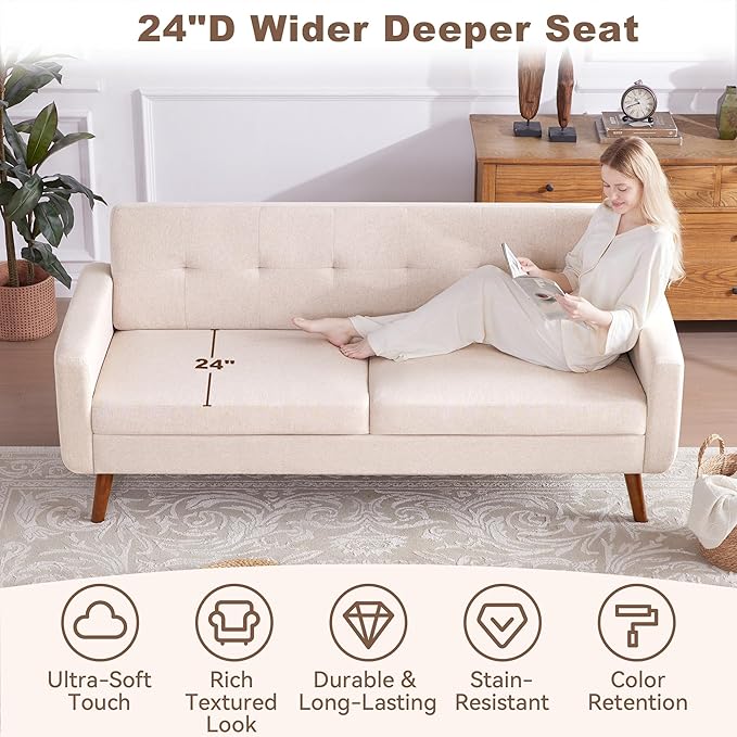Tbfit 77.2" W Linen Sofa Couch, Mid Century Modern Decor Loveseat Couches for Living Room, Button Tufted Upholstered Small Couch for Bedroom, Solid, and Easy to Install Love Seats Furniture, Oatmeal