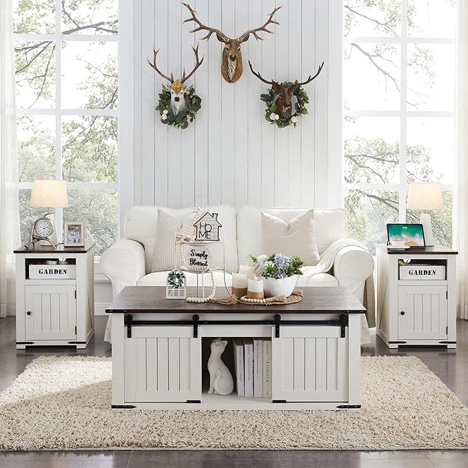 Farmhouse Nightstand with Charging Station, 20" Rustic End Table w/Barn Door, Wood Sofa Side Bedside Table w/Open Shlef & Stroage Cabinet for Bedroom (White)