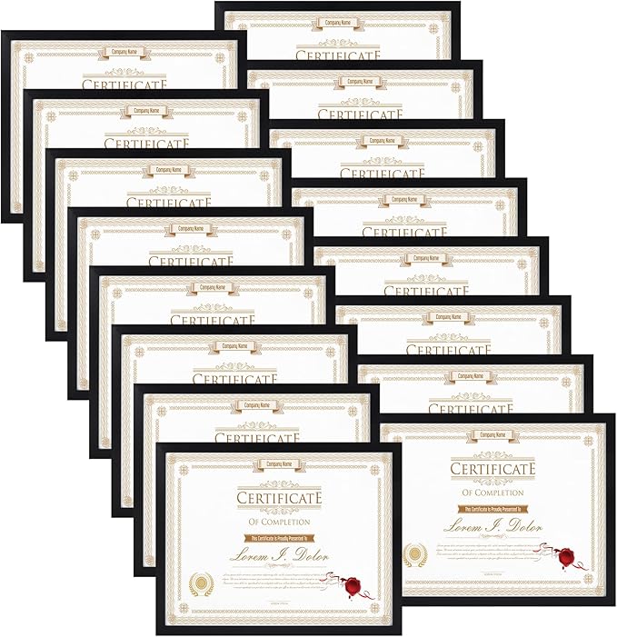WIFTREY 16 Pack 8.5x11 Certificate Picture Frames, Multi 8.5 by 11 Photo Frame Bulk for Document Award, Wall Hanging or Tabletop Display, Black