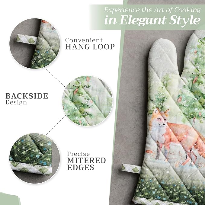 Maison d' Hermine Oven Gloves 100% Cotton Oven Mitt 7" x 13" with Loop Heat Resistant BBQ Cooking Gloves for Thanksgiving Christmas Decorations Baking Handling Hot Pans (Pack of 1, Winter Mornings)