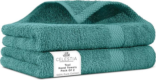 100% Cotton Hand Towel Set of 2, (16 x 28 inches) Sustainable, Soft, Highly Absorbent, Quick Drying, Combed Cotton Hand Towels Pack of 2 Ideal for Hotels, Spa, Bathroom, Dorm, Teal
