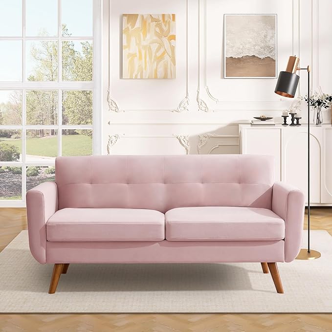 Tbfit 65" W Loveseat Sofa, Velvet Mid Century Modern Love Seat Couches for Living Room, Button Tufted Upholstered Small Couch for Bedroom, Solid and Easy to Install Love Seats Furniture, Pink