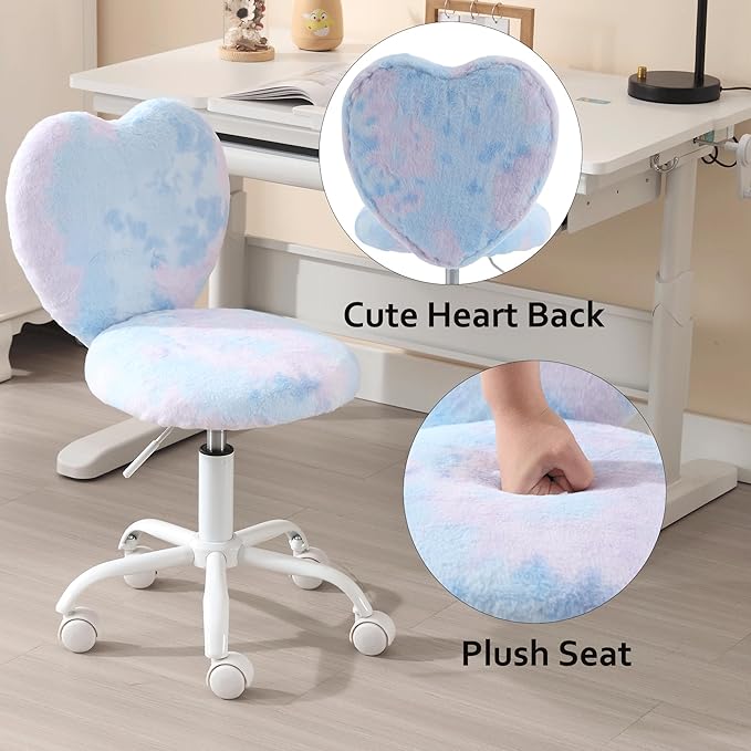 Kids Desk Chair Girls Students Study Chair Adjustable Computer Chair Furry Swivel Office Reading Chairs Child Cute Heart Back Chairs for Home/Bedroom/School/Dorm/Vanity, Blue