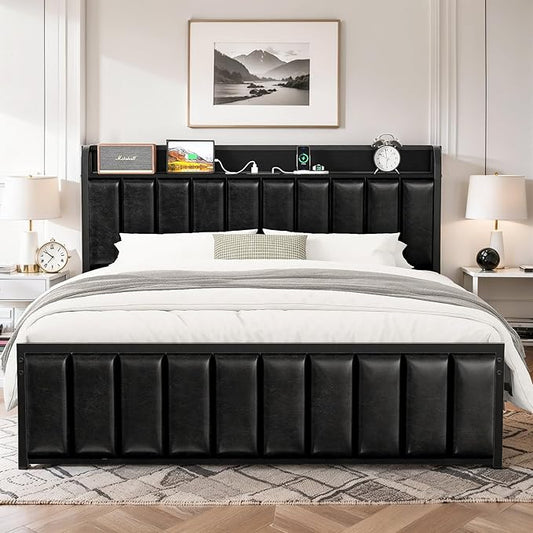 VECELO Bed Frame Full Size with Headboard, Upholstered Platform Bedframe, Heavy Duty Metal Slats, No Box Spring Needed, Easy Assembly, PU Black