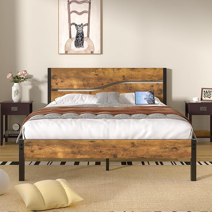 VECELO Full Size Platform Bed Frame with USB Charging Station and Wood Storage Headboard, Heavy Duty Metal, Large Storage, Noise-Free, No Box Spring Needed, Easy Assembly, Rustic Brown