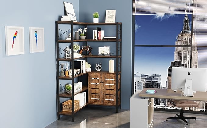 Corner Bookshelves and Bookcases Industrial Corner Etagere Bookcase L Shaped Shelf 6 Tiers with Metal Frame for Living Room Home Office
