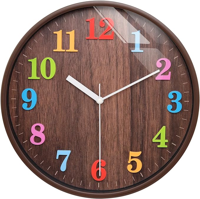 Topkey 12”Silent Round Wall Clock for Children Non-Ticking Colorful Arabic Numerals Easy Read Clock for Living Room, Bedroom,School and Nursery Battery Not Included - Brown