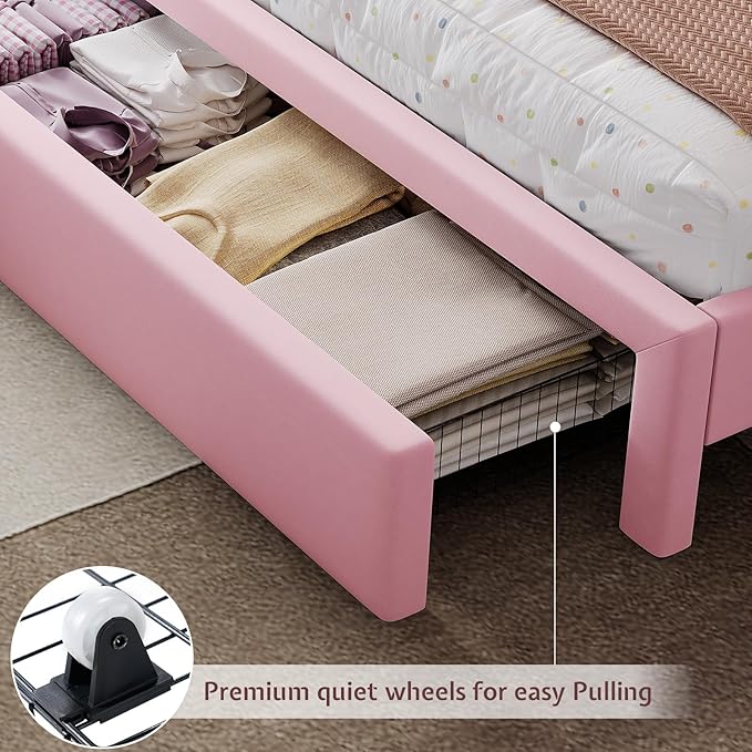 Jocisland Twin Bed Frame with 51" Tall & Thick Adjustable Headboard, Storage Drawer, RGB LED Lights, No Box Spring Needed, Velvet Upholstered, Pink