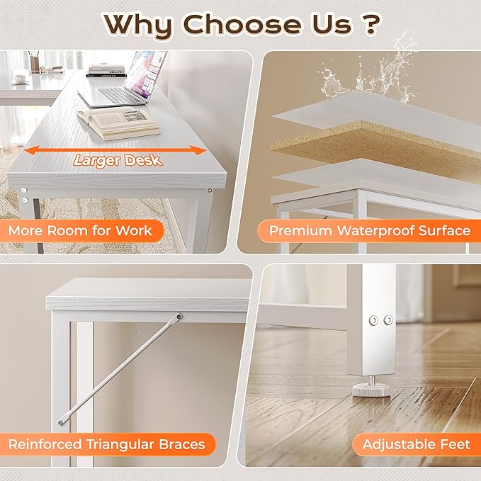 Huuger 63 Inch L Shaped Desk with Power Outlets and USB-C Port, Reversible Computer, Larger Office Corner Gaming Desk, 0.95 Inch Thicker Desktop, Metal Frame, for Home Office, Study, White