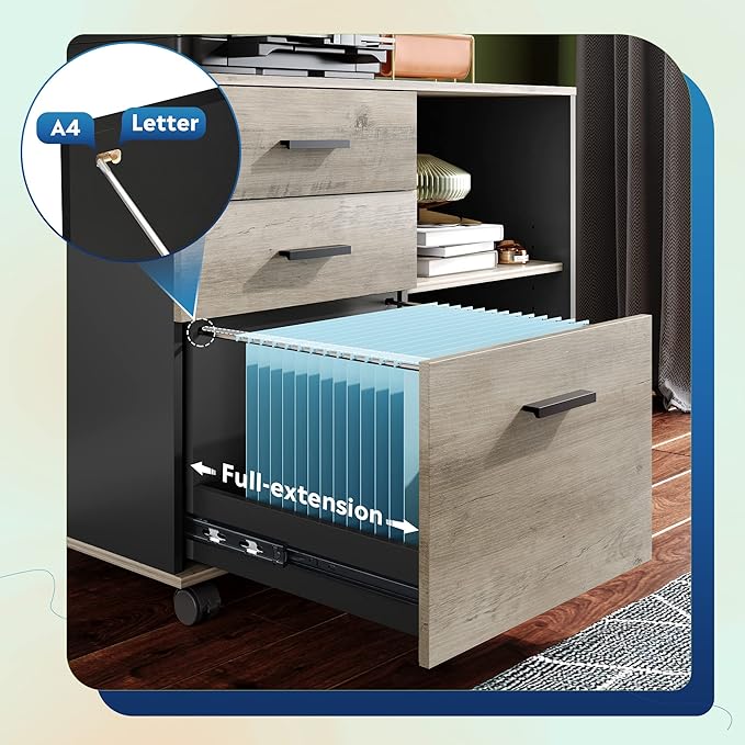 DEVAISE 3 Drawer Mobile File Cabinet, Wood Lateral Filing Cabinet, Printer Stand with Open Shelves for Home Office, Greige