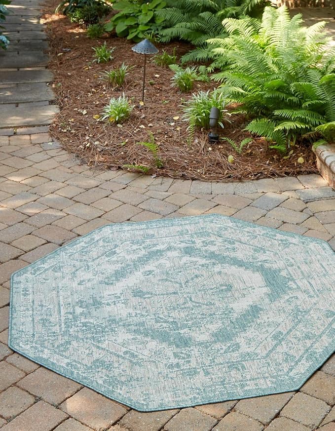 Unique Loom Outdoor Traditional Collection Area Rug - Valeria (5' 3" Octagon, Aqua/ Ivory)