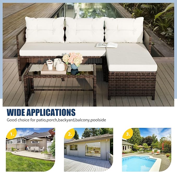 Vongrasig 3 Piece Patio Furniture Sets, All-Weather PE Wicker Outdoor Sofa Couch Sectional Set, Small Conversation Set for Garden/Patio w/Cushion, Glass Table, (Beige)