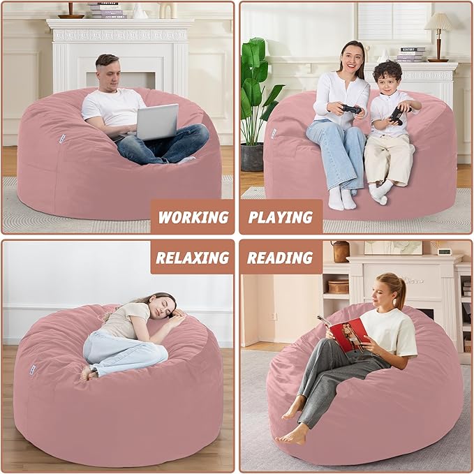 4FT Bean Bag Chair with Ultra Soft Velvet Cover Bean Bag Sofa with Memory Foam Bean Bag Chairs with Large Size Lazy Sofa for Dorm Office Living Room Bedroom Dusty Pink 4'