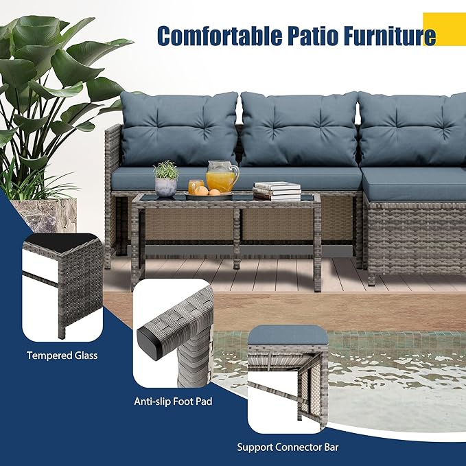 Vongrasig 3 Pieces Patio Furniture Sets, All-Weather Wicker Outdoor Sofa Couch Sectional Set, Small Conversation Set for Patio, Garden w/Cushion, Glass Table, (Blue)