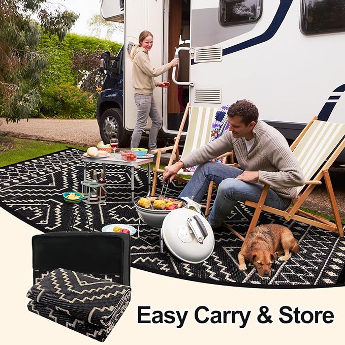 Wonnitar Outdoor Rug for Patio Clearance, 5x8 Waterproof Reversible Plastic Straw Rug, Moroccan Outside RV Area Rug for Camping, Outdoor Portable Mat for Deck Balcony Porch (Black & Beige,5'x8')