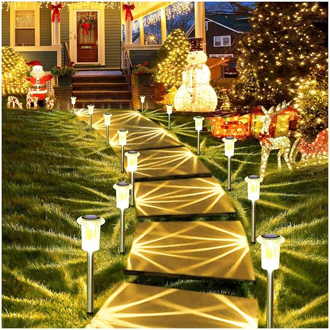 DenicMic Solar Lights Outdoor 15 Pack Waterproof 3000K Warm White LED Acrylic lamp Head Stainless Steel Stake for Landscape Lighting Path Walkway Sidewalk Backyard Patio Decor