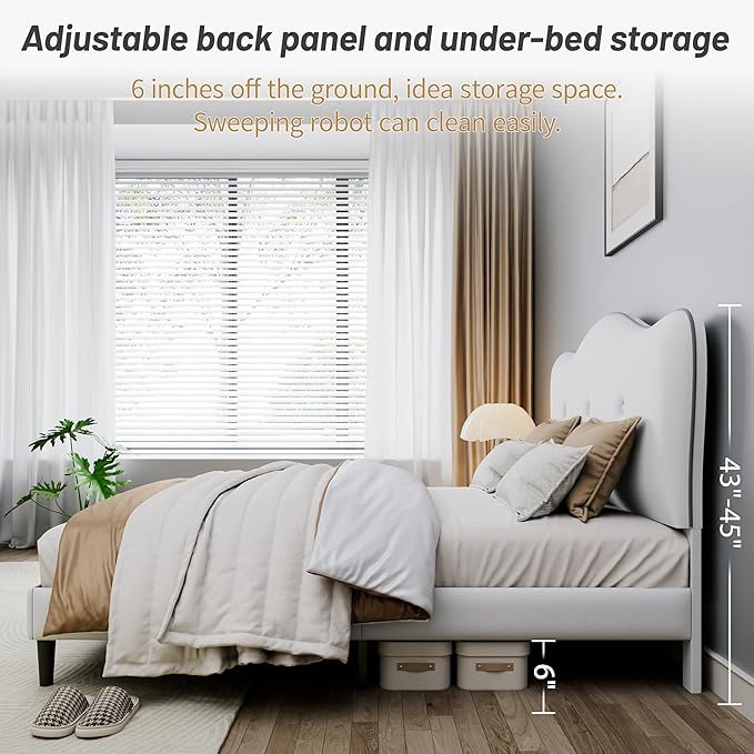 Full Size Bed Frame, Upholstered Bed Frame with Headboard, Platform Bed Frame with Wood Slats Support, No Box Spring Needed, Adjustable Height Headboard, White