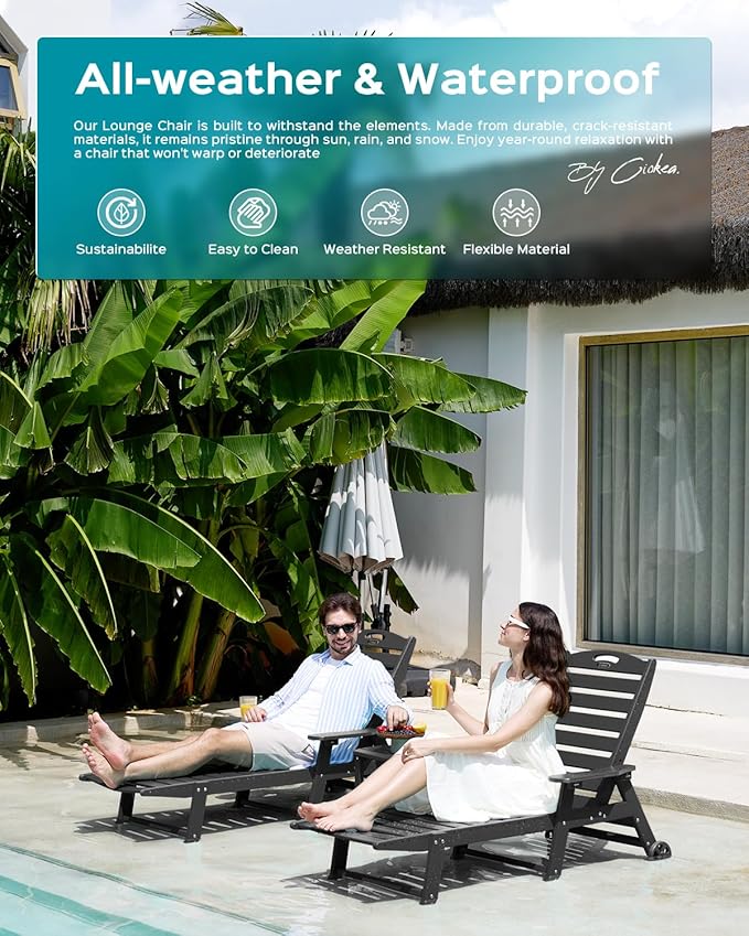 Lounge Chair Outdoor, Oversized Chaise Lounge Chair with 5 Positions, HDPE, Patio Lounge Chair with Wheels & Cup Holder for Pool, Deck, Poolside, Black