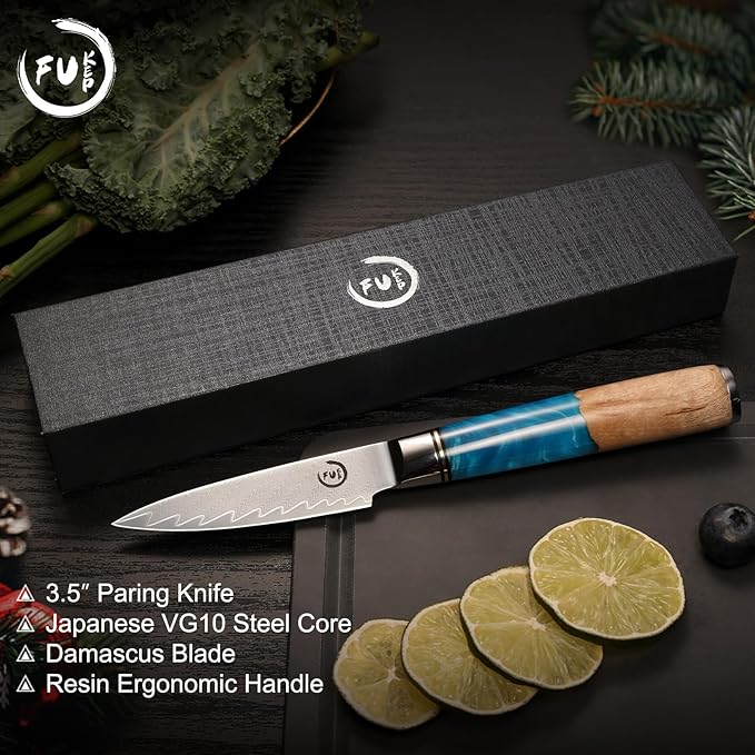 Paring Knife 3.5 Inch Damascus Paring Knife Small Fruit Knife Ultra Sharp Damascus VG10 Core Steel with 66 Layers High Carbon Steel Classical Pattern Blue Handle Unique Gifts with Gift Box