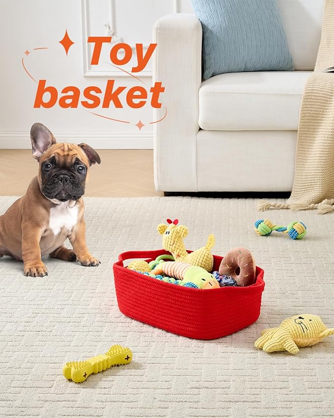 KALLAX Small Woven Basket, 12 x 8 x 4.5 Inches, Small Storage Baskets for Organizing, Gift Baskets Empty, Cute Rope Shelf Closet Storage Bins for Shelves, Dog Toy Basket, Red