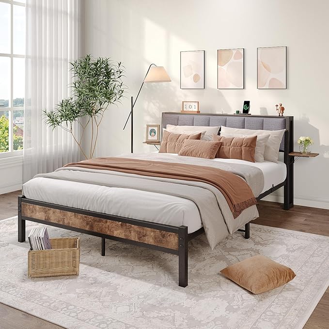 Full Size Bed Frame with Headboard,Metal Platform Bed Frame Full with Storage and USB Charging Station,Upholstered Bed Frames with Metal Slat Support/No Box Spring Needed/ Under Bed Storage/Noise Free