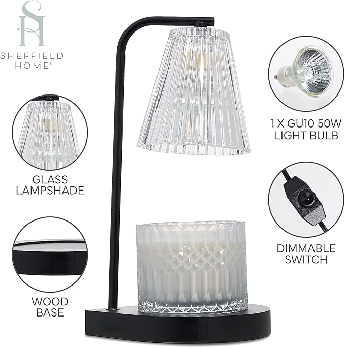 Sheffield Home Glass Candle Warmer Lamp – Elegant Candle Warmer for Long-Lasting Fragrance, Sleek Design, 13x7, Black Ribbed Glass