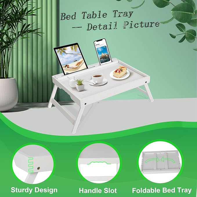 Bed Tray Table with Foldable Legs, Breakfast Food Trays for Eating on Couch with Media Slot for Bed, Eating, TV Tray, Kitchen Serving Tray(White, Medium)