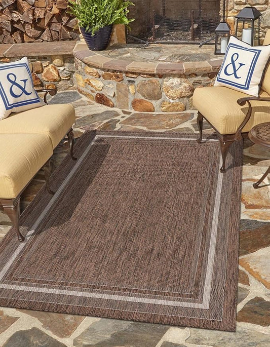 Unique Loom Outdoor Border Collection Area Rug - Soft Border (7' 10" x 10' Rectangle Brown/Ivory)