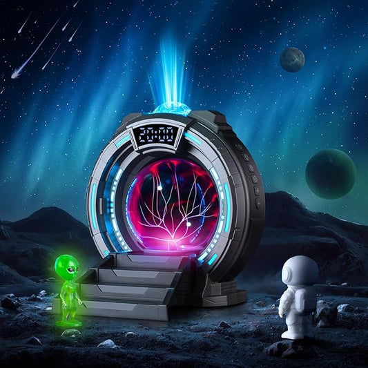 Space Portal Plasma Ball Night Light, LED Galaxy Projector Alien Lamp with White Noise, Bluetooth Music Speaker Alarm Clock,Remote,Star Light for Kids Room Decor Lamp, Christmas/Birthday Gift.(Gray)
