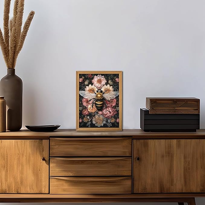 Framed Vintage 3D Textured Wall Art - Dark College Bee Flowers Wall Decor - Hand Drawn Sandstone Nature Botanical Pictures for Living Room Bedroom Home Decor 8x10in