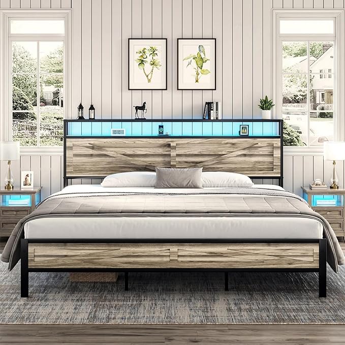 King Bed Frame with LED Lights and Charging Station, Metal Platform Bed King Size with 2-Tier Rustic Barn Door Storage Headboard, Noise-Free, No Box Spring Needed, Easy Assembly, Wash Grey