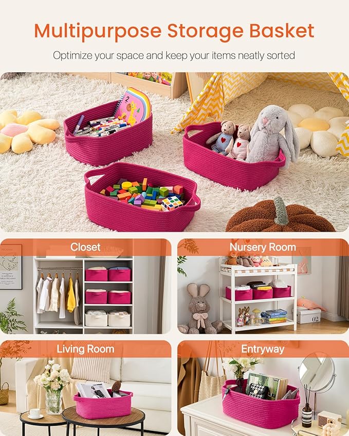 KALLAX Small Woven Basket, 14 x 10 x 5.6 Inches, Small Storage Baskets for Organizing, Gift Baskets Empty, Cute Rope Shelf Closet Storage Bins for Shelves, Dog Toy Basket, Hot Pink