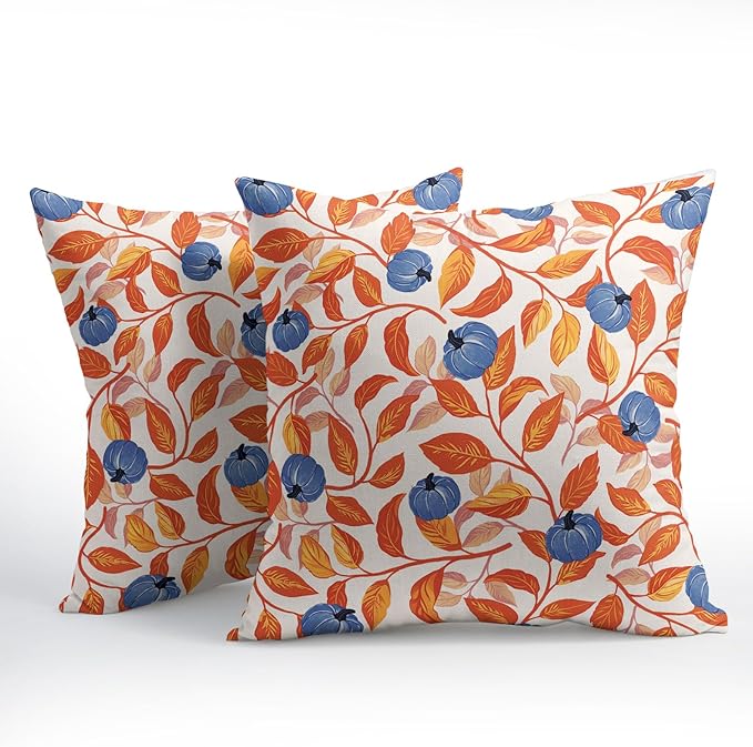 Kawani Fall Leaf Pumpkin Pillow Covers 24x24 Inch Seasonal Autumn Harvest Orange and Blue Outdoor Decorative Throw Pillows Set of 2 Thanksgiving Holiday Pillowcases for Couch Home Decor