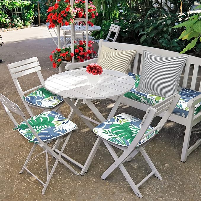 Set of 2 Outdoor Chair Cushions with Ties,Water Repellent Patio Chair Pads 17"x 16" for Outdoor Furniture,Round Corner Seat Cushions for Garden Yard Kitchen Islamorada Blue Green