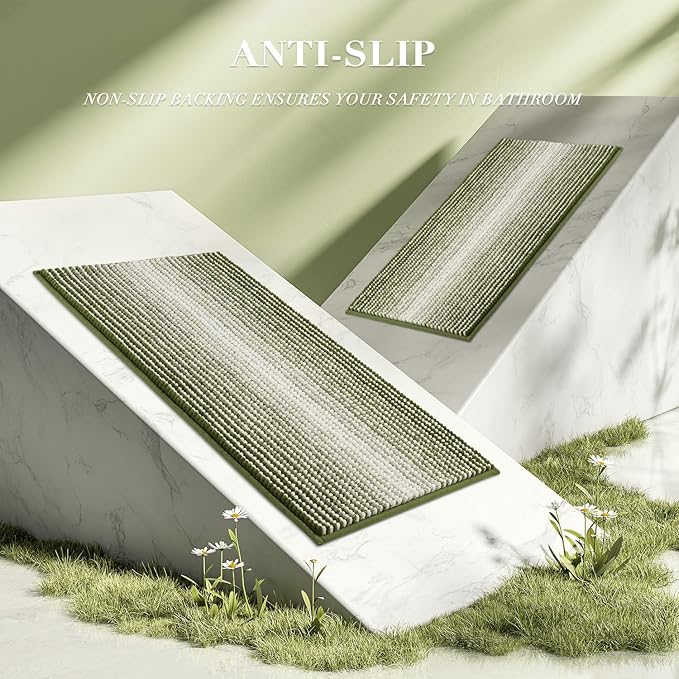 BSICPRO Bathroom Rugs and Mats Sets, 2 Piece Thick Absorbent Chenille Bath Mat Rug Set Non Slip, Soft Shaggy Bath Room Floor Mats for Bathroom, Machine Washable (Sage, 20" x 47" Plus 16" x 24")