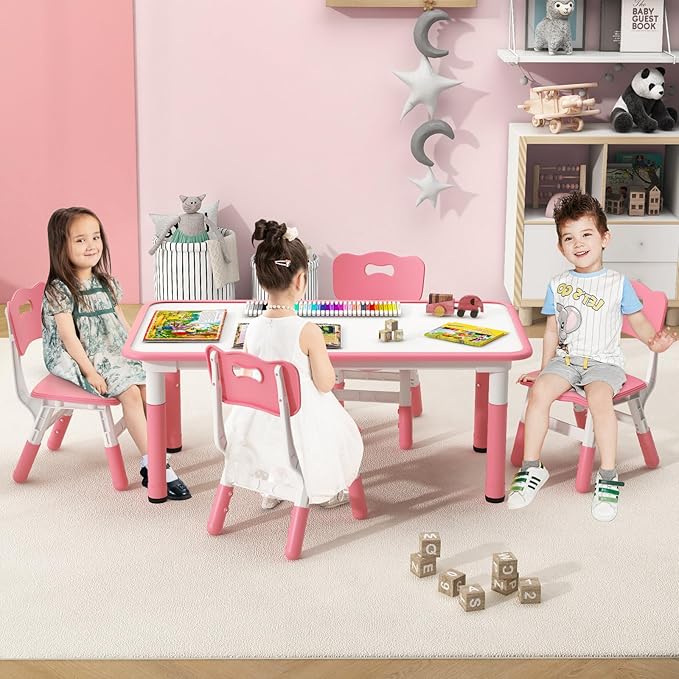 INFANS Kids Table and Chiar Set, Height Adjustable Toddler Desk and 4 Chairs with Graffiti Desktop Non-Slip Legs, Large 47" L x 23.5" W Multi-Activity Art Table for Daycare Classroom Home (Pink)