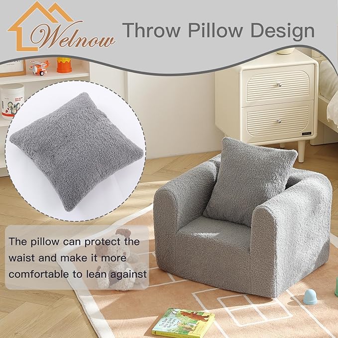 Welnow Kids Sofa with Pillow, Cozy Toddler Chair Soft Foam Seat for Reading, Children's Couch with Armrest Lightweight Comfy Kids Furniture for Bedroom, Playroom for Boys and Girls, Sherpa Grey