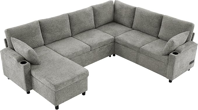 Ball & Cast 109.9" Sectional Sofa with Pull Out Bed, Chenille Upholstered Sleeper Sofa Bed with Storage Chaise, Convertible U Shaped Couch with Two Cup Holders and Charging Ports ,Light Grey
