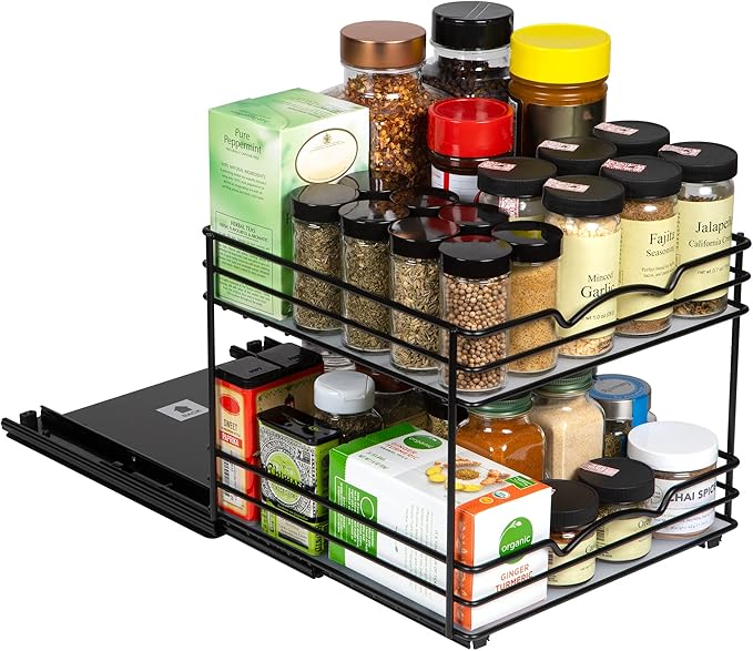 Pull Out Cabinet Organizer for Spices, Cans - Heavy Duty with Lifetime Limited Warranty- Pull Out Spice Rack- Cabinet Pull Out Shelf for Cans,Dishes, Etc, 20-3/8"Wx 10-1/2"D x 2-3/4” H, Black