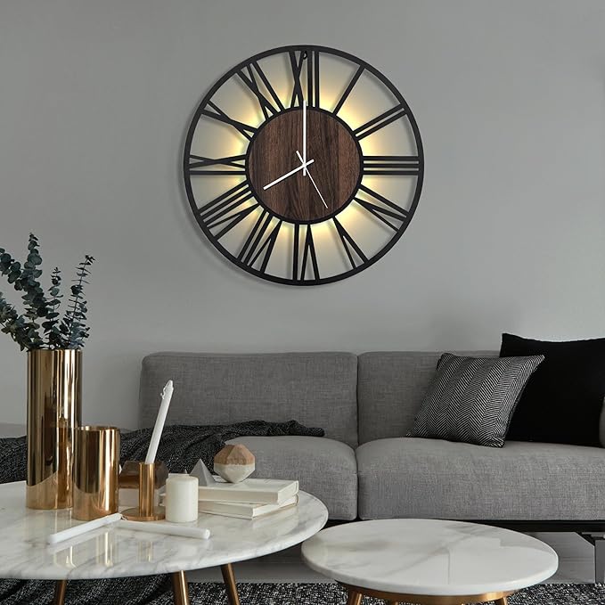 LEIKE Large Wall Clocks with Night Light Battery Operated,Silent Non Ticking,Rustic Modern Big Wood Clock for Living Room, Bedroom,Kitchen,Farmhouse,Office,Home Decor-24 Inch(Roman Numerals)