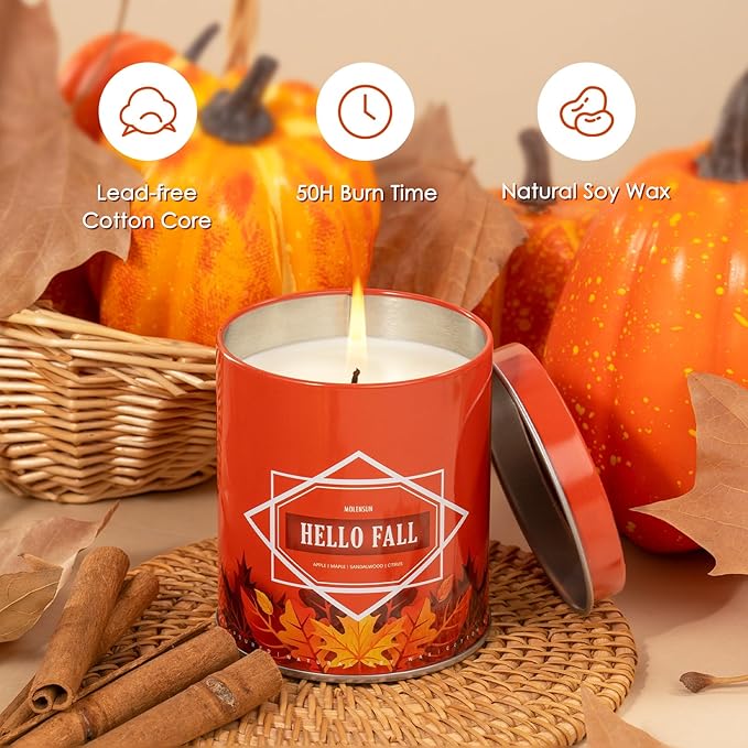 Fall Scented Candles Gift Set – 6 Pack of 9Oz Soy Candles, Autumn Fragrances (Pumpkin Spice, Apple Pie, Hello Fall, Cinnamon Clove, Autumn Hearthglow, Hot Cocoa), Holiday Gifts for Women & Men