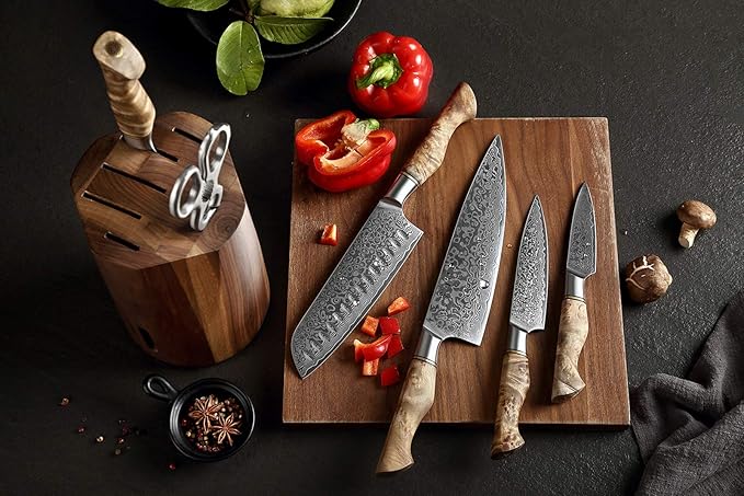 HEZHEN 7PCS Kitchen Knives Set - Professional Forging Damascus High Carbon Steel Chef Knife, Santoku, Bread, Utility, Fruit Knives & Multifunctional Kitchen Scissors - 6Slot Black Walnut Block