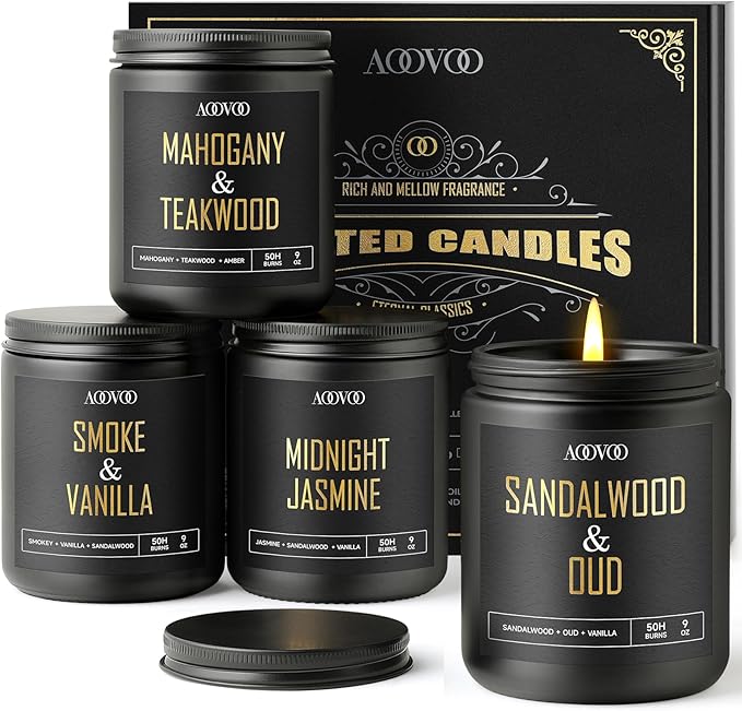 AOOVOO Scented Candles for Men - 4 Pack Candles for Home Scented, 36oz Soy Wax, 200 Hour Burn Time, Men Candle Set, Sandalwood Oud/Mahogany Teakwood/Smoke Vanilla/Jasmine Candle Set A