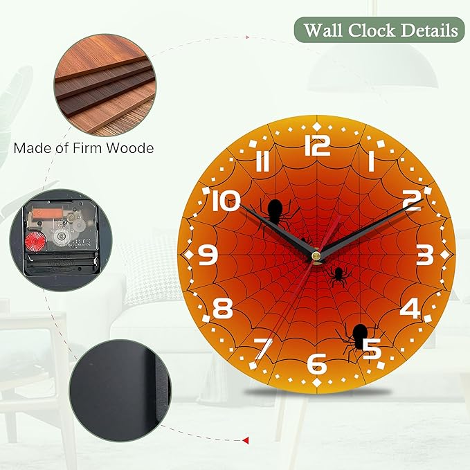 Wall Clock,Orange Spider Web Wall Clocks Wooden Art Hanging Clock Silent Non-Ticking Wall Clocks Battery Operated Round Home Arabic Numeral 10 Inch