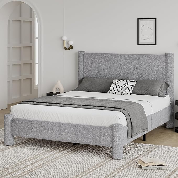 Queen Size Bed Frame, Boucle Upholstered Platform Bed with Headboard and Footboard, Soft Rounded Corners, No Box Spring Required, Easy Assembly, Light Grey