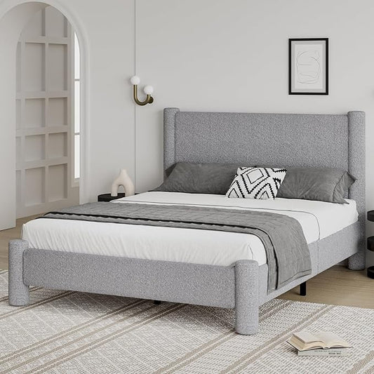 Queen Size Bed Frame, Boucle Upholstered Platform Bed with Headboard and Footboard, Soft Rounded Corners, No Box Spring Required, Easy Assembly, Light Grey